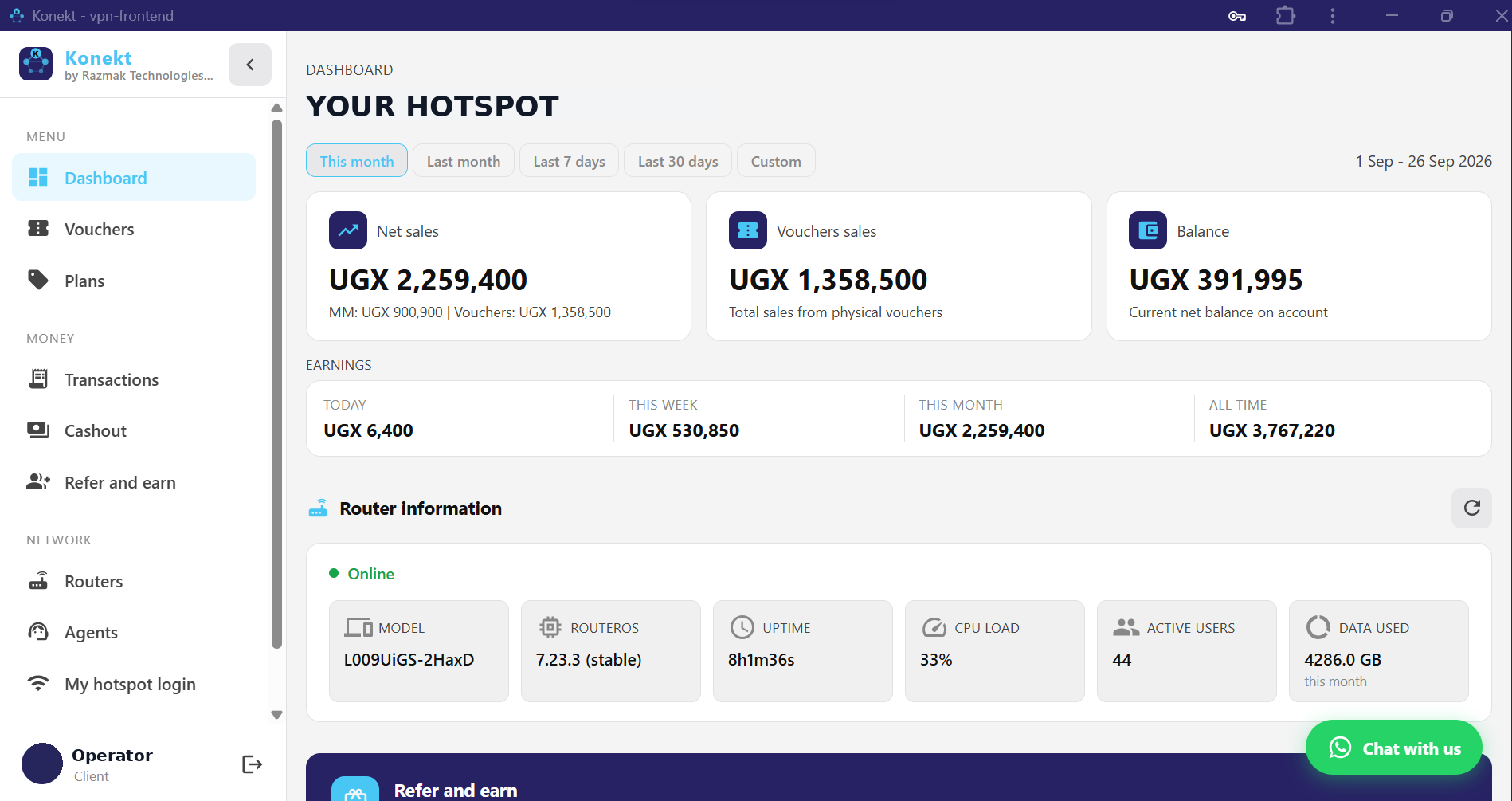 Konekt dashboard showing monthly sales, earnings breakdown and live router status